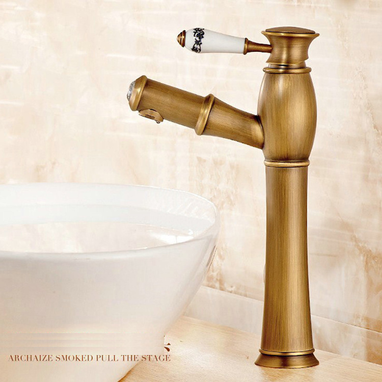 porcelain handle diamond bamboo traditional bathroom sink antique bronze pull out water faucet with retractable spout