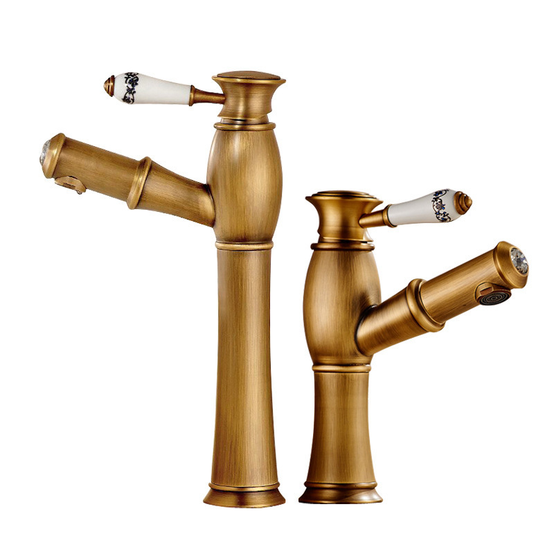 porcelain handle diamond bamboo traditional bathroom sink antique bronze pull out water faucet with retractable spout