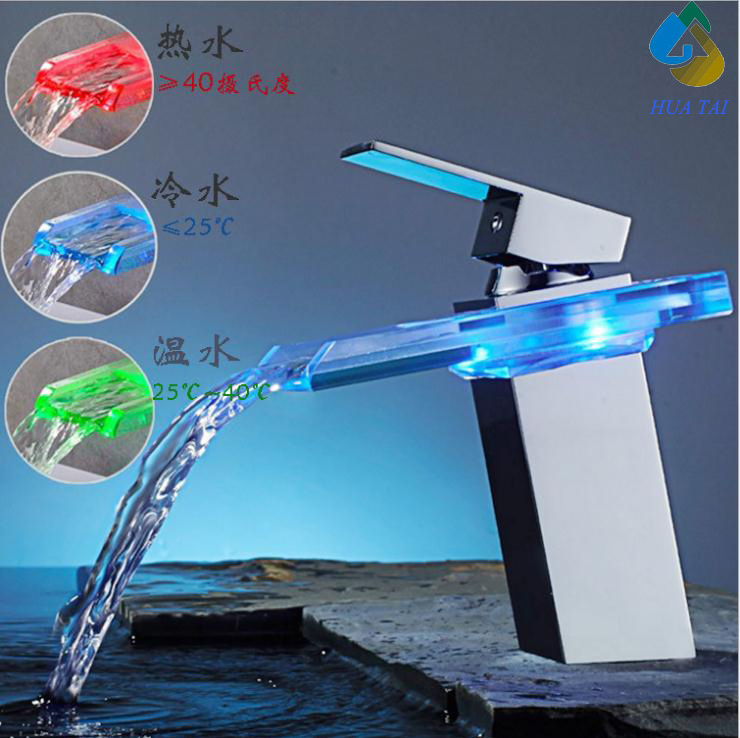 Wholesale Hydraulic Electrogenerating Bathroom Waterfall Glass LED light basin Faucet