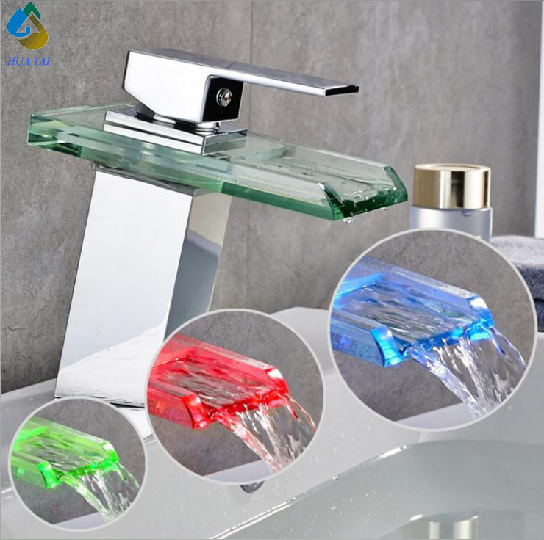 Wholesale Hydraulic Electrogenerating Bathroom Waterfall Glass LED light basin Faucet