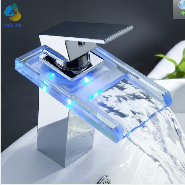 Wholesale Hydraulic Electrogenerating Bathroom Waterfall Glass LED light basin Faucet