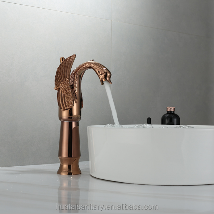 deck mounted artistic bathroom basin tall art animal shape rose white gold swan Faucet