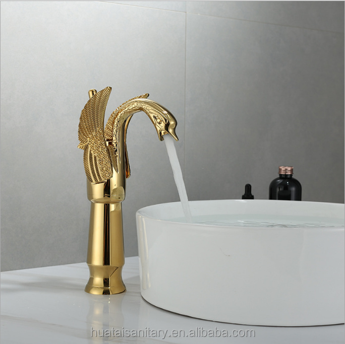 deck mounted artistic bathroom basin tall art animal shape rose white gold swan Faucet