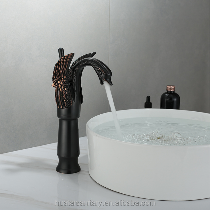 deck mounted artistic bathroom basin tall art animal shape rose white gold swan Faucet