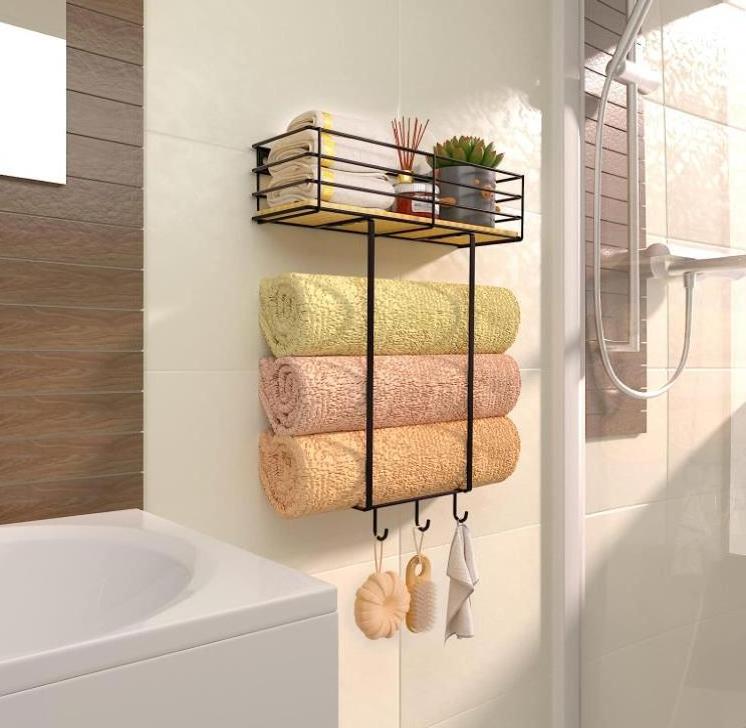 Towel Rack Wall Mounted for Bathroom Metal Bath Towel Holder Storage Hand Towels Wood Shelf and 3 Hooks for Bathroom