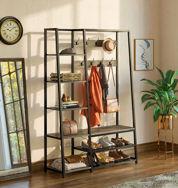 Hall Storage Bench 5-in-1 Entryway Shelf With Coat Rack Coat Stand With 5 Side Shelves 9 Hook