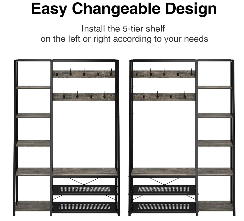 Hall Storage Bench 5-in-1 Entryway Shelf With Coat Rack Coat Stand With 5 Side Shelves 9 Hook