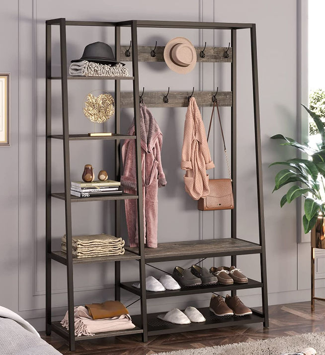 Hall Storage Bench 5-in-1 Entryway Shelf With Coat Rack Coat Stand With 5 Side Shelves 9 Hook