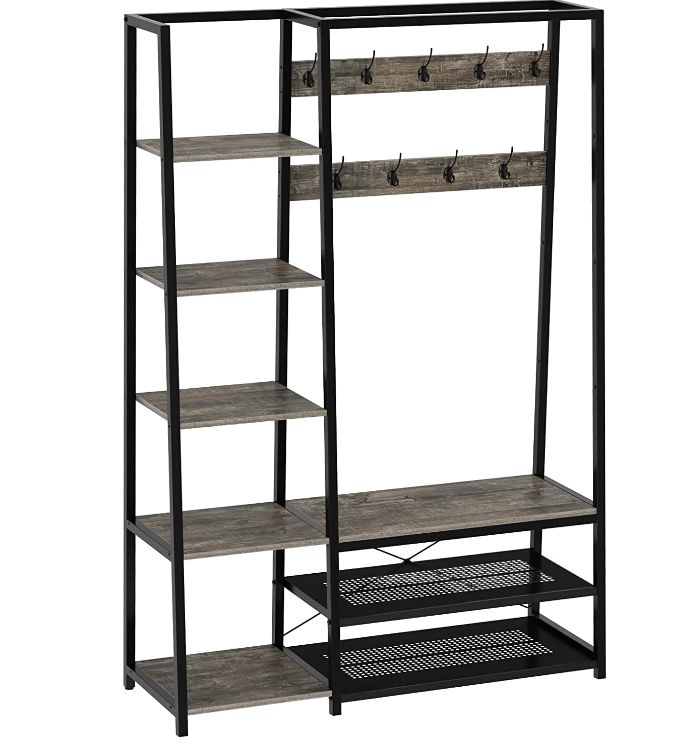 Hall Storage Bench 5-in-1 Entryway Shelf With Coat Rack Coat Stand With 5 Side Shelves 9 Hook