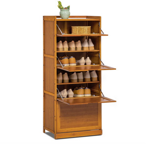 Bamboo 5 Tier Shoe Organizer Shelf Shelves With Pull Down Door 20 Pair High Heels Boots