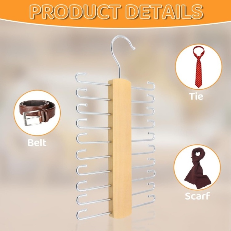 Wooden Tie Rack Tie Belt Hanger Non-Slip Tie Organizer With 20 Storage Capacity