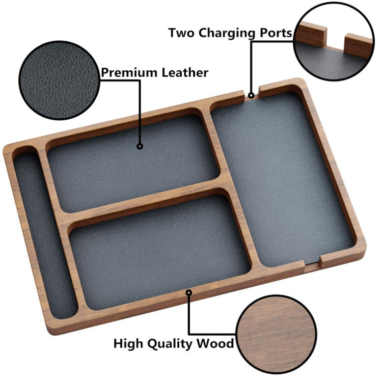 Wooden Valet Tray With Leather Lining  Nightstand Organizer Edc Tray