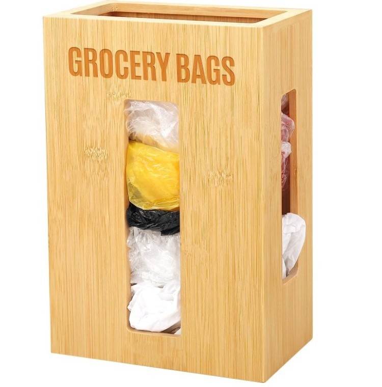 Kitchen hanging over cabinet door bamboo grocery bag storage holder for plastic bags