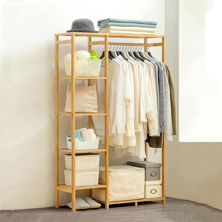 High Quality Bamboo Clothing Rack With 6 Tier Storage Shelf Multifunctional Garment Organizer Wardrobe Closet