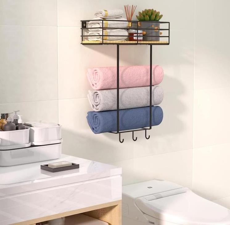 Towel Rack Wall Mounted for Bathroom Metal Bath Towel Holder Storage Hand Towels Wood Shelf and 3 Hooks for Bathroom