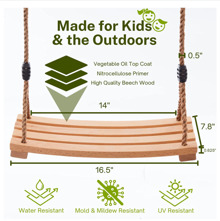 Wooden swing seat tree swing double coating wooden swing seat suitable for children and adults