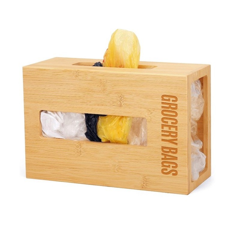 Kitchen hanging over cabinet door bamboo grocery bag storage holder for plastic bags