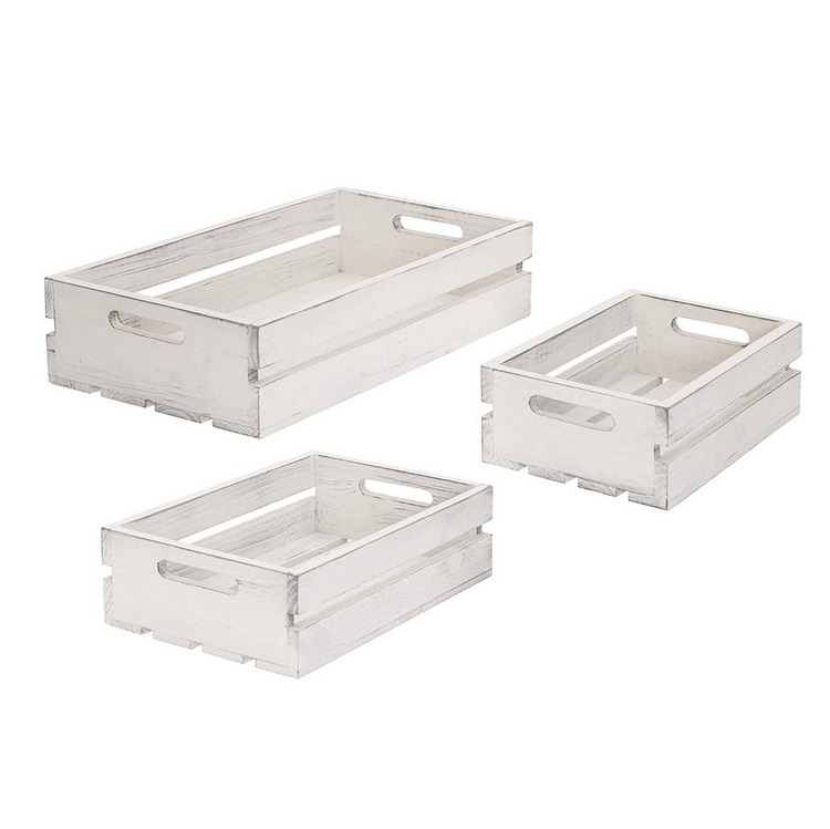 Set of 3 Vintage Whitewashed mini wooden crate Wood Nesting Storage box with Handles