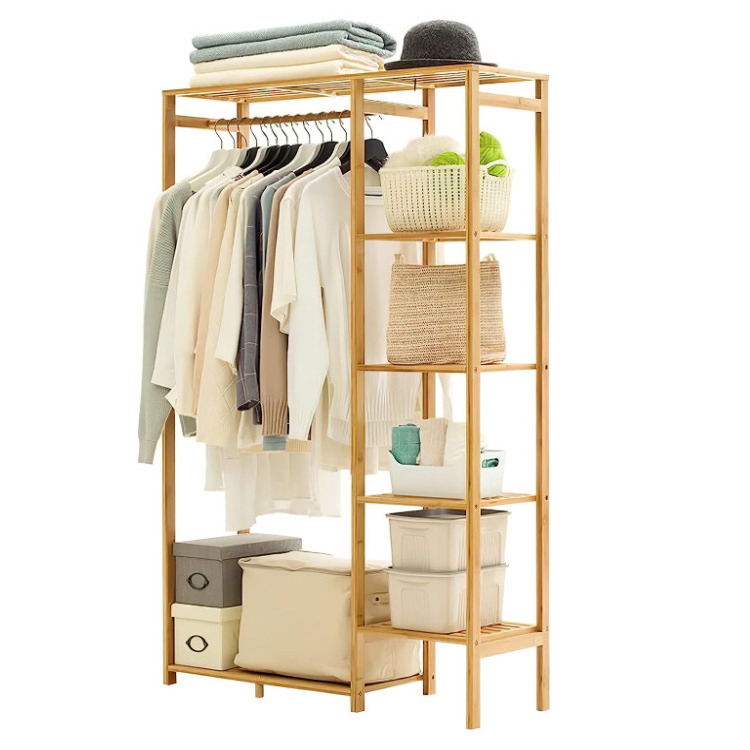 High Quality Bamboo Clothing Rack With 6 Tier Storage Shelf Multifunctional Garment Organizer Wardrobe Closet