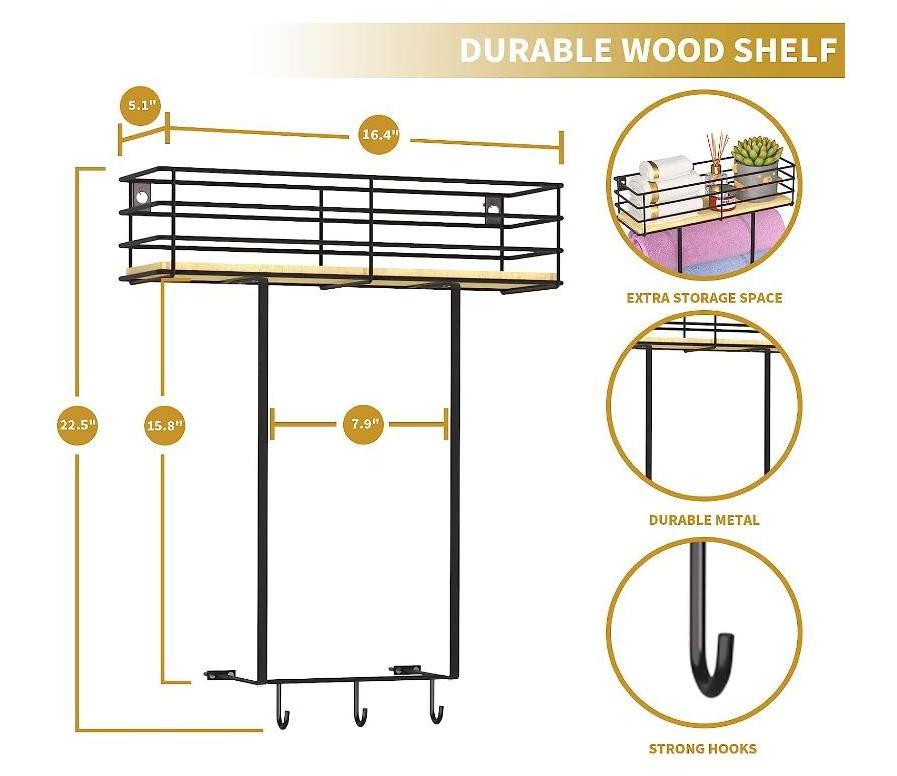 Towel Rack Wall Mounted for Bathroom Metal Bath Towel Holder Storage Hand Towels Wood Shelf and 3 Hooks for Bathroom