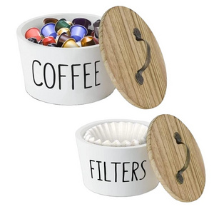 White Coffee Filter Holder Coffee Filter Storage Container Basket Round Wooden Coffee Pod Holder With Lid