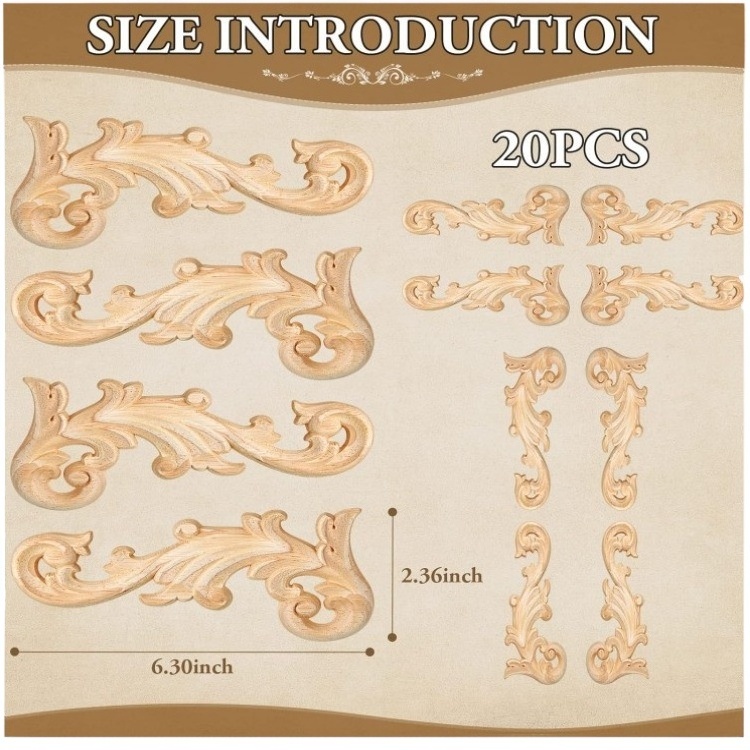 20 Pcs Wood Applique Corner Onlay Decorative Diy Wooden Carved Unpainted Decals Carving Decal For Furniture