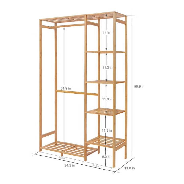 High Quality Bamboo Clothing Rack With 6 Tier Storage Shelf Multifunctional Garment Organizer Wardrobe Closet