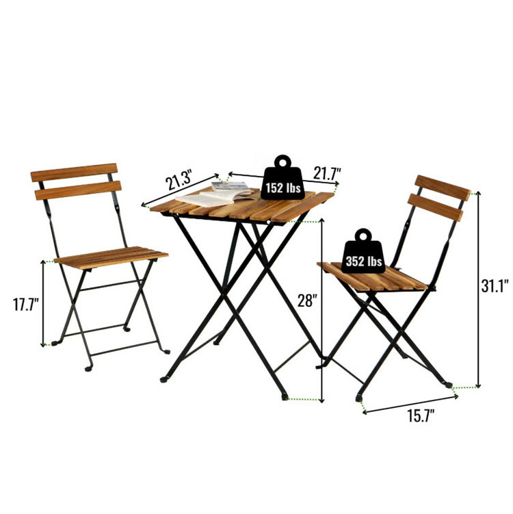 Set 3 Piece Outdoor Indoor Patio Furniture Set Wooden Folding Table And Garden Chairs For Small Spaces