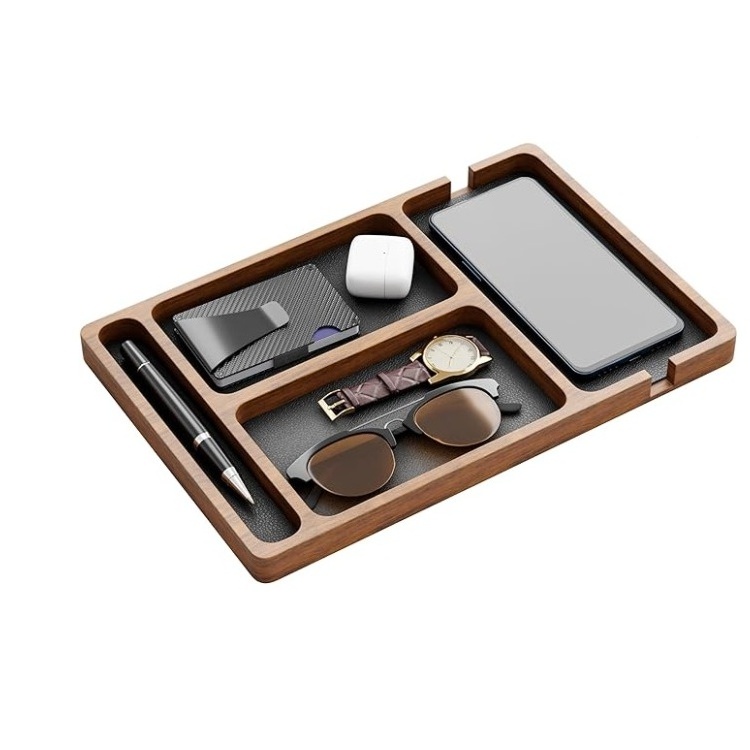 Wooden Valet Tray With Leather Lining  Nightstand Organizer Edc Tray