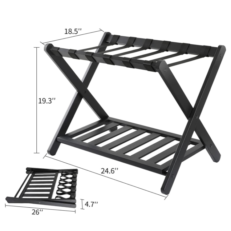 Heightened double layer design luggage rack bamboo used hotel black with shoe shelf