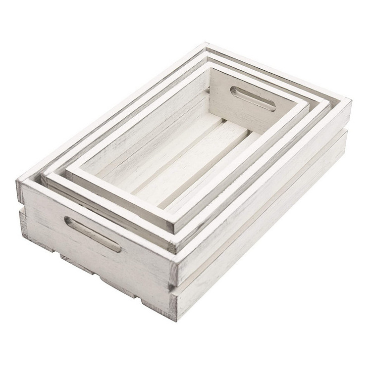 Set of 3 Vintage Whitewashed mini wooden crate Wood Nesting Storage box with Handles