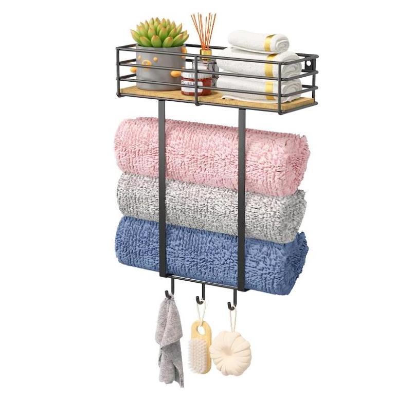 Towel Rack Wall Mounted for Bathroom Metal Bath Towel Holder Storage Hand Towels Wood Shelf and 3 Hooks for Bathroom