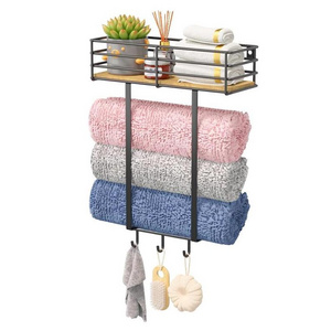 Towel Rack Wall Mounted for Bathroom Metal Bath Towel Holder Storage Hand Towels Wood Shelf and 3 Hooks for Bathroom