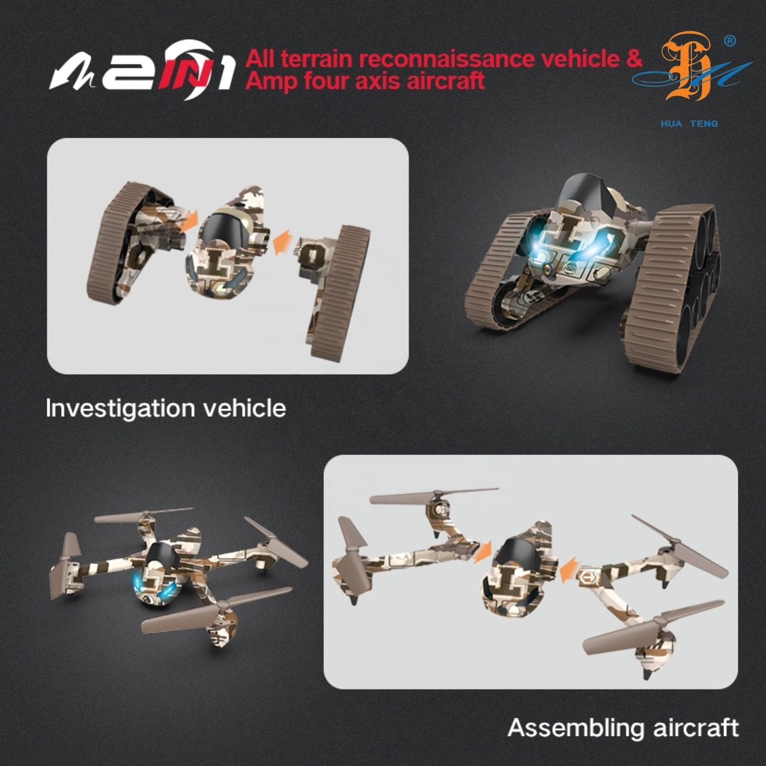 Good Selling military camouflage 2 IN 1 RC drone toys  land and air deformation rc car 360 degree flip four-axis aircraft