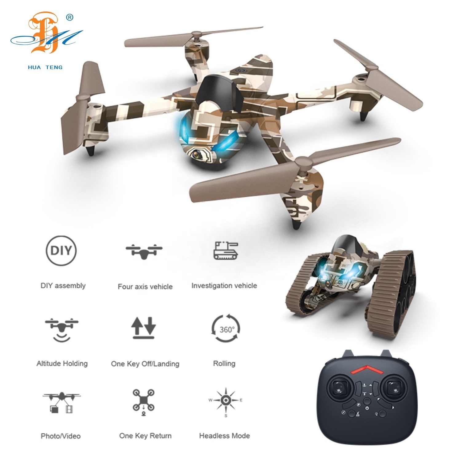 Good Selling military camouflage 2 IN 1 RC drone toys  land and air deformation rc car 360 degree flip four-axis aircraft