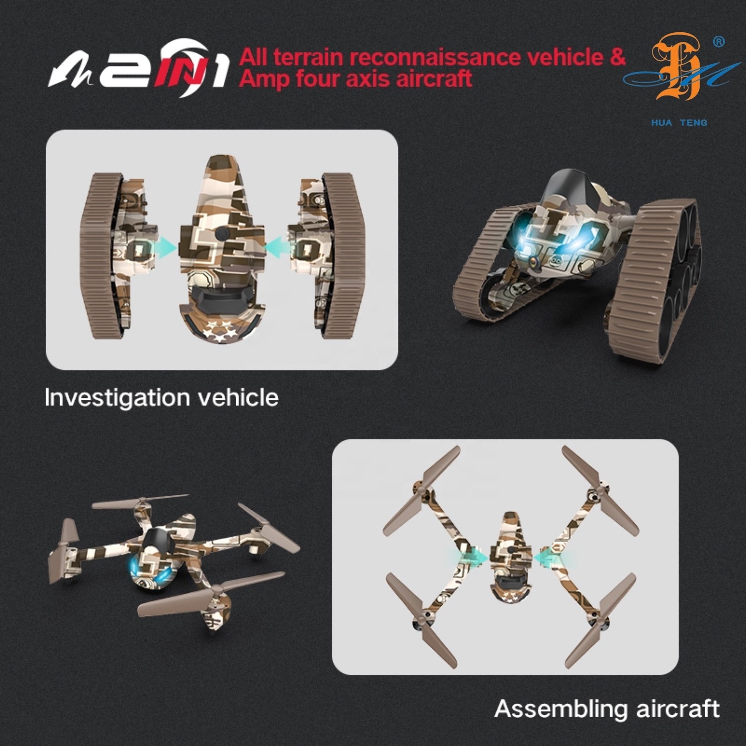 Good Selling military camouflage 2 IN 1 RC drone toys  land and air deformation rc car 360 degree flip four-axis aircraft