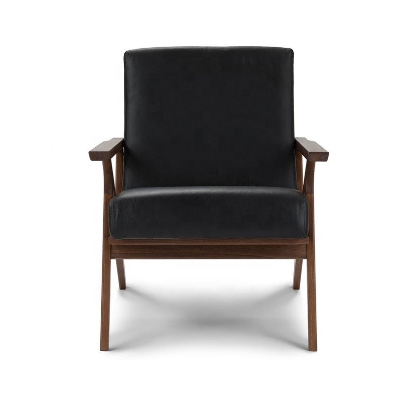 Lounge Arm Chair With Ottoman in Wood Frame Black Leather Accent Chair