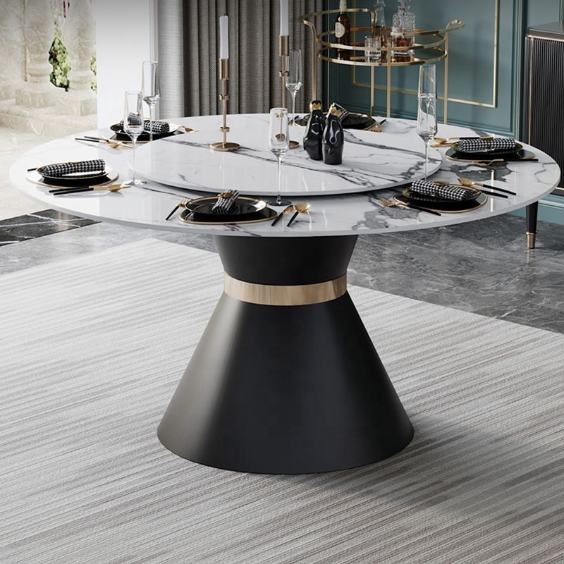 Customized White Marble Top 6 Seats Round Dinning Table Wood and Gold Stainless Steel Base