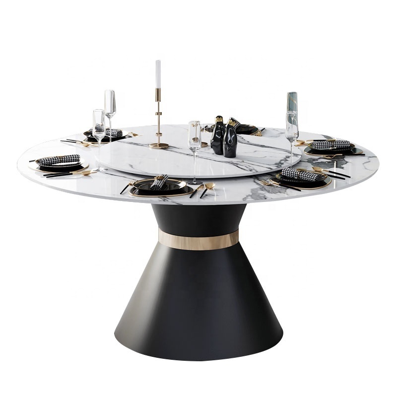 Customized White Marble Top 6 Seats Round Dinning Table Wood and Gold Stainless Steel Base