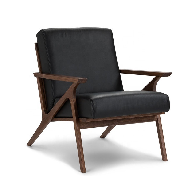 Lounge Arm Chair With Ottoman in Wood Frame Black Leather Accent Chair