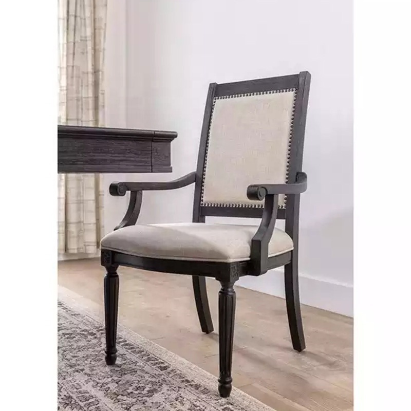 Luxury Dining Room Dining Table Chairs Black Solid Carved Wood Dining Side Chairs with Arms