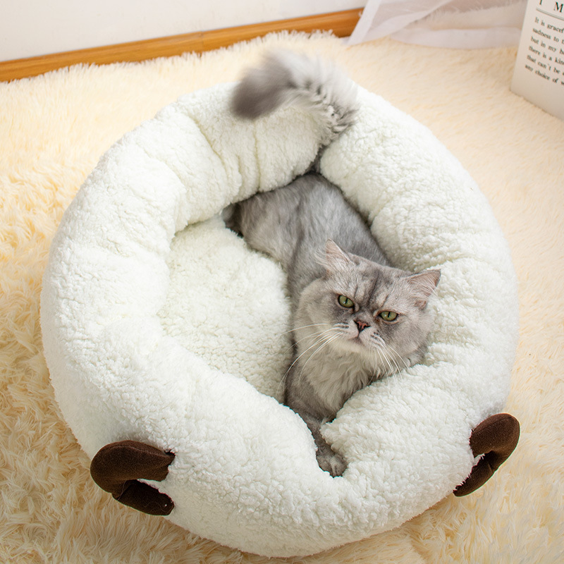 Small Medium Larger Cat Home Sofa Sherpa Fleece Round Non Slip Dog Pets Bed Cushion Cute Cat Hiding Warm Cozy House Bed