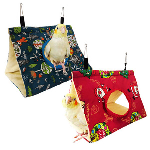 All-Season Canvas and Plush Bird Hammock - Parrot Nest and Birdhouse Sleeping Bed with Perch, Playful Triangular Design