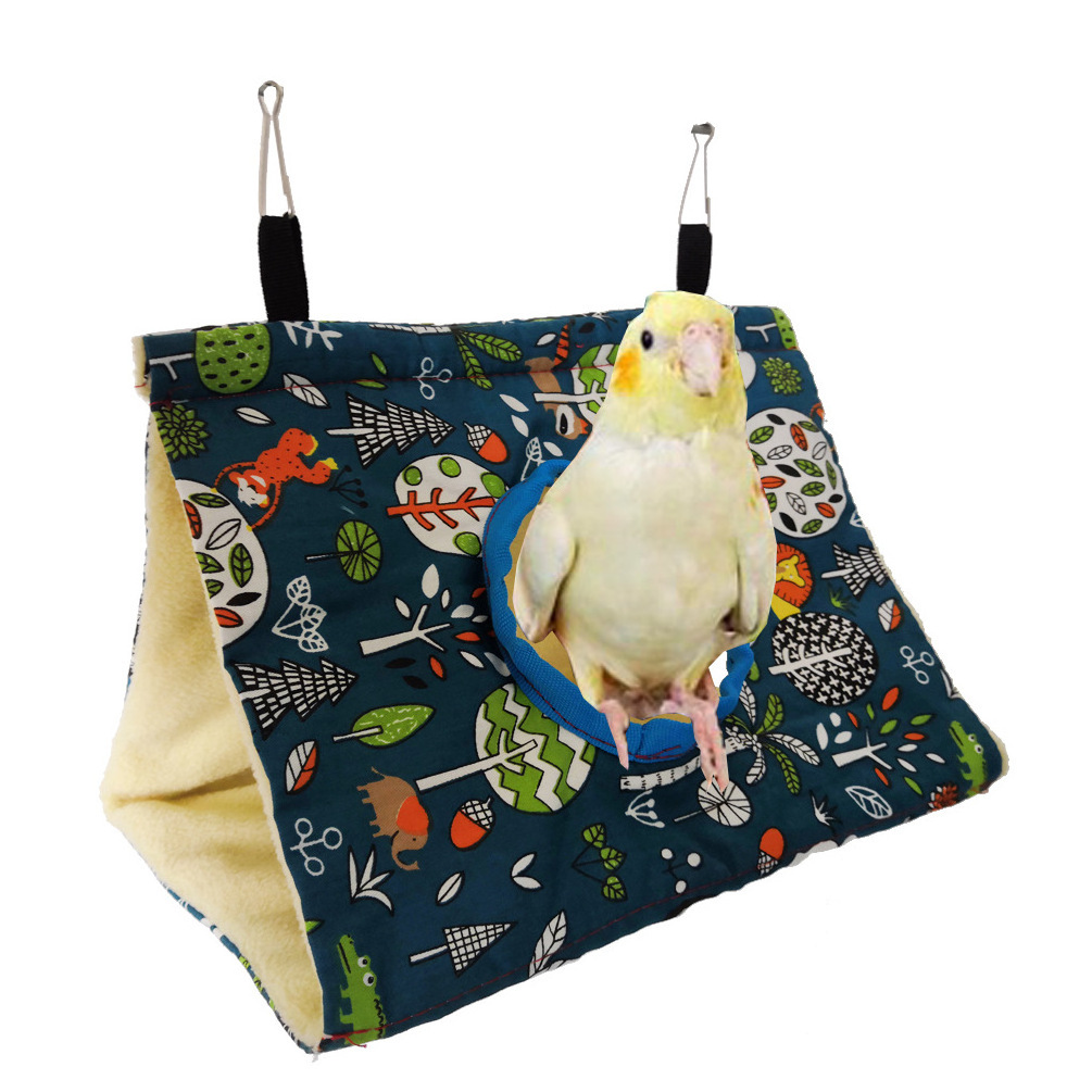 All-Season Canvas and Plush Bird Hammock - Parrot Nest and Birdhouse Sleeping Bed with Perch, Playful Triangular Design