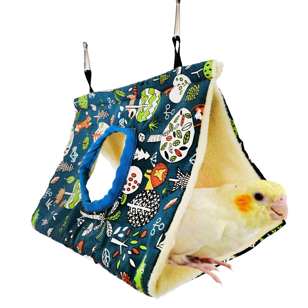 All-Season Canvas and Plush Bird Hammock - Parrot Nest and Birdhouse Sleeping Bed with Perch, Playful Triangular Design