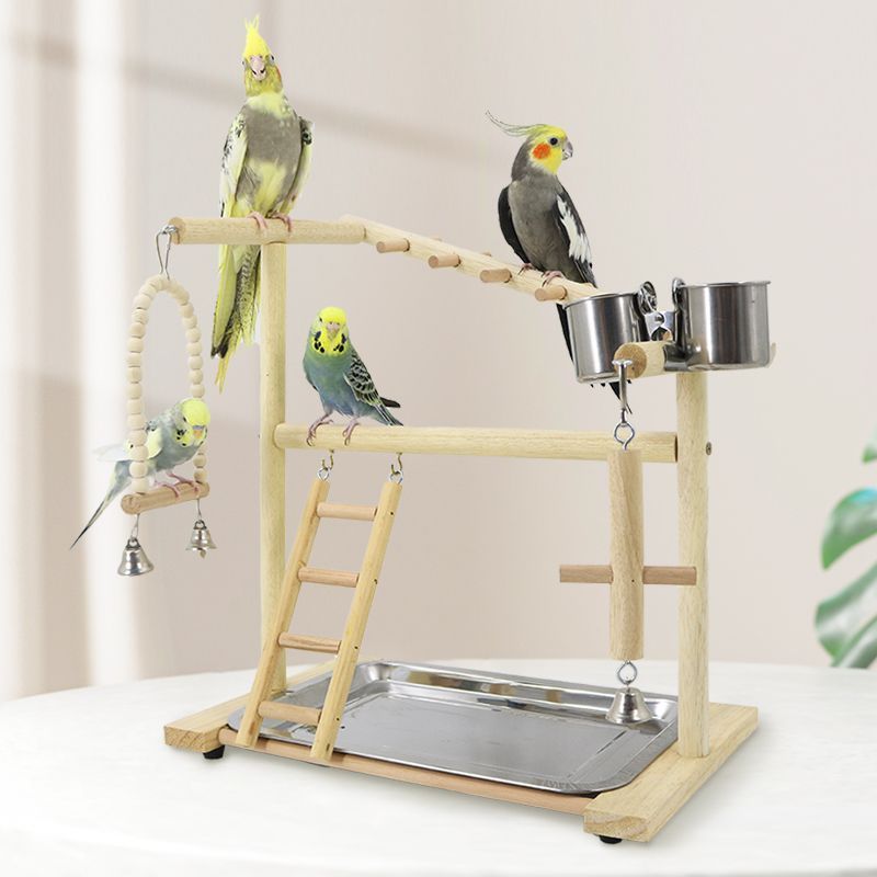 Peppercorn Wood Parrot Perch with Climbing Mesh, Training Stand, Cloud Ladder Swing, Bird Toy Suspension Bridge