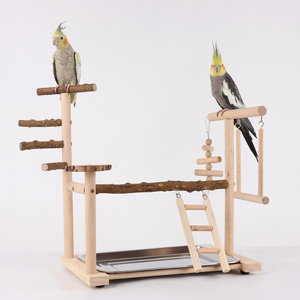 Peppercorn Wood Parrot Perch with Climbing Mesh, Training Stand, Cloud Ladder Swing, Bird Toy Suspension Bridge