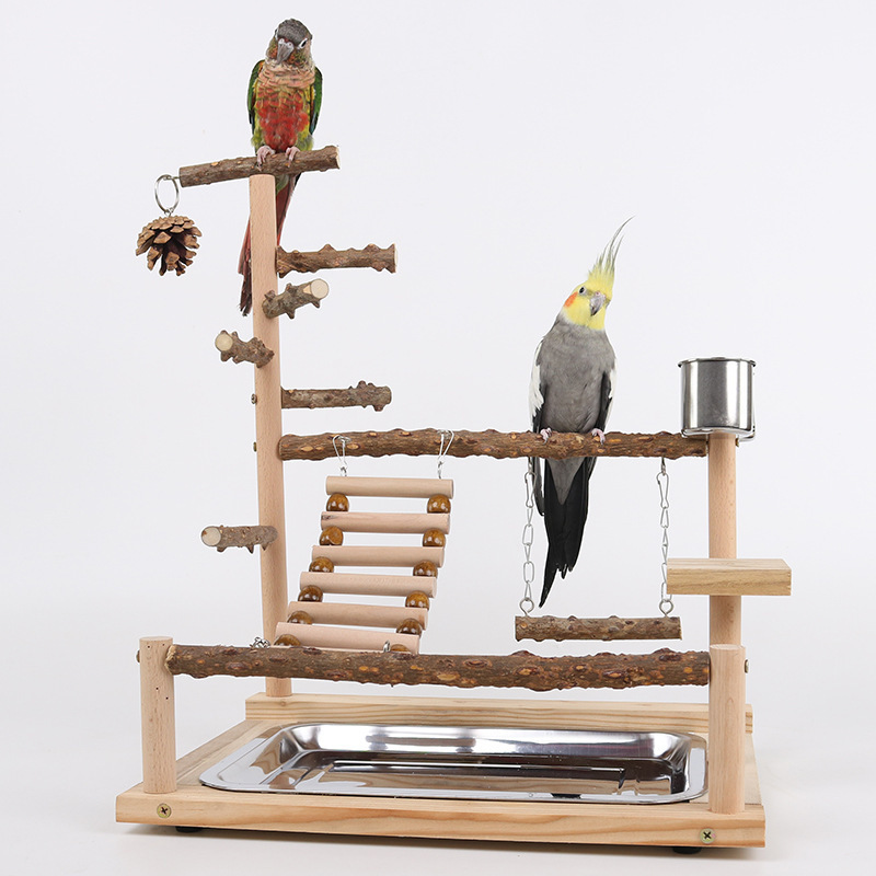 Peppercorn Wood Parrot Perch with Climbing Mesh, Training Stand, Cloud Ladder Swing, Bird Toy Suspension Bridge