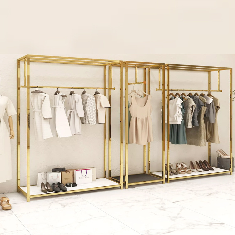 Custom Gold Stainless Steel Clothes Stand Apparel Garment Display Rack Clothes Metal Gold Clothing Rack