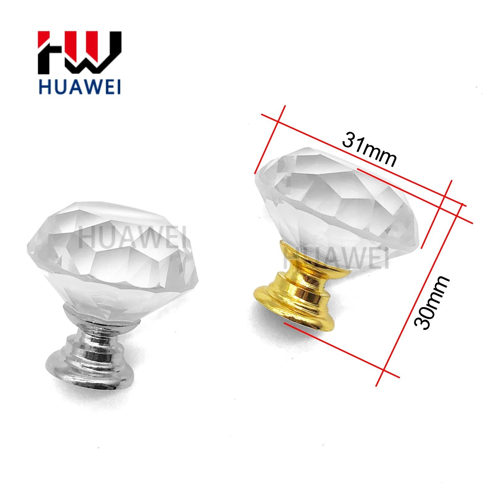 HUAWEI Gold Diamond Crystal Handle 30mm European American Cabinet Door Wardrobe Single Hole Knob Drawer Furniture Handle